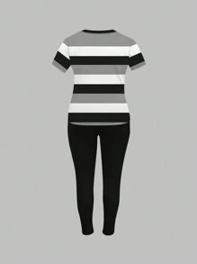 Maweii Plus Size Fashion Striped Print Casual Short Sleeve T-Shirt & Pants 2 Pieces Set, Summer