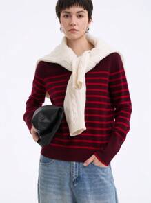 SHEIN LUNE Suéter de punto de cuello redondo a rayas, sencillo y casual, para mujer, para otoño e invierno - Granate - Ver 4