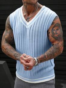 Manfinity Homme Men's V-Neck Sleeveless Solid Color Patchwork Casual Knit Vest - Multicolor - View 1