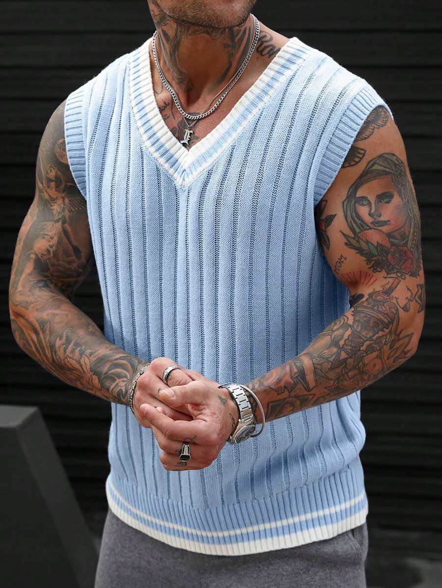 Manfinity Homme Men's V-Neck Sleeveless Solid Color Patchwork Casual Knit Vest - Multicolor - View 1