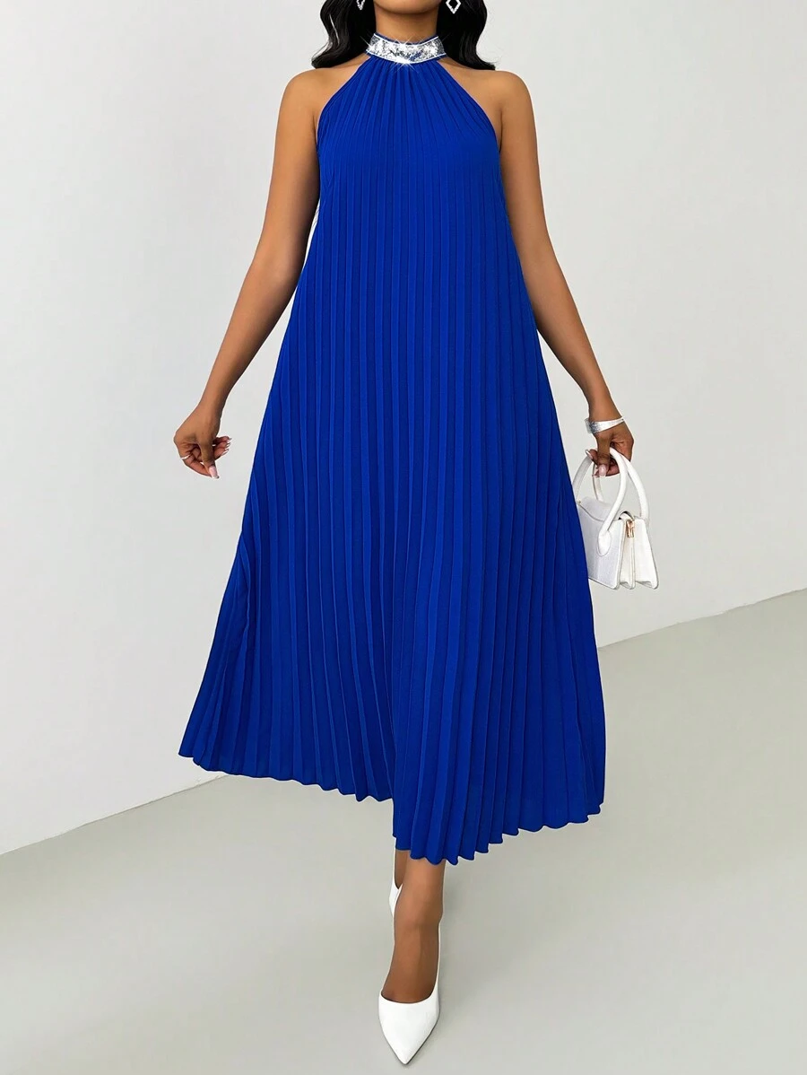 SHEIN Unity Women's Elegant Sequins Decor Sleeveless Pleated Maxi Dress, Blue, Spring/Summer - Blue - View 1