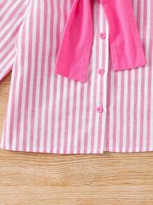 SHEIN 年轻女孩编织条纹宽松休闲披肩领衬衫 - 粉色 - 查看 5