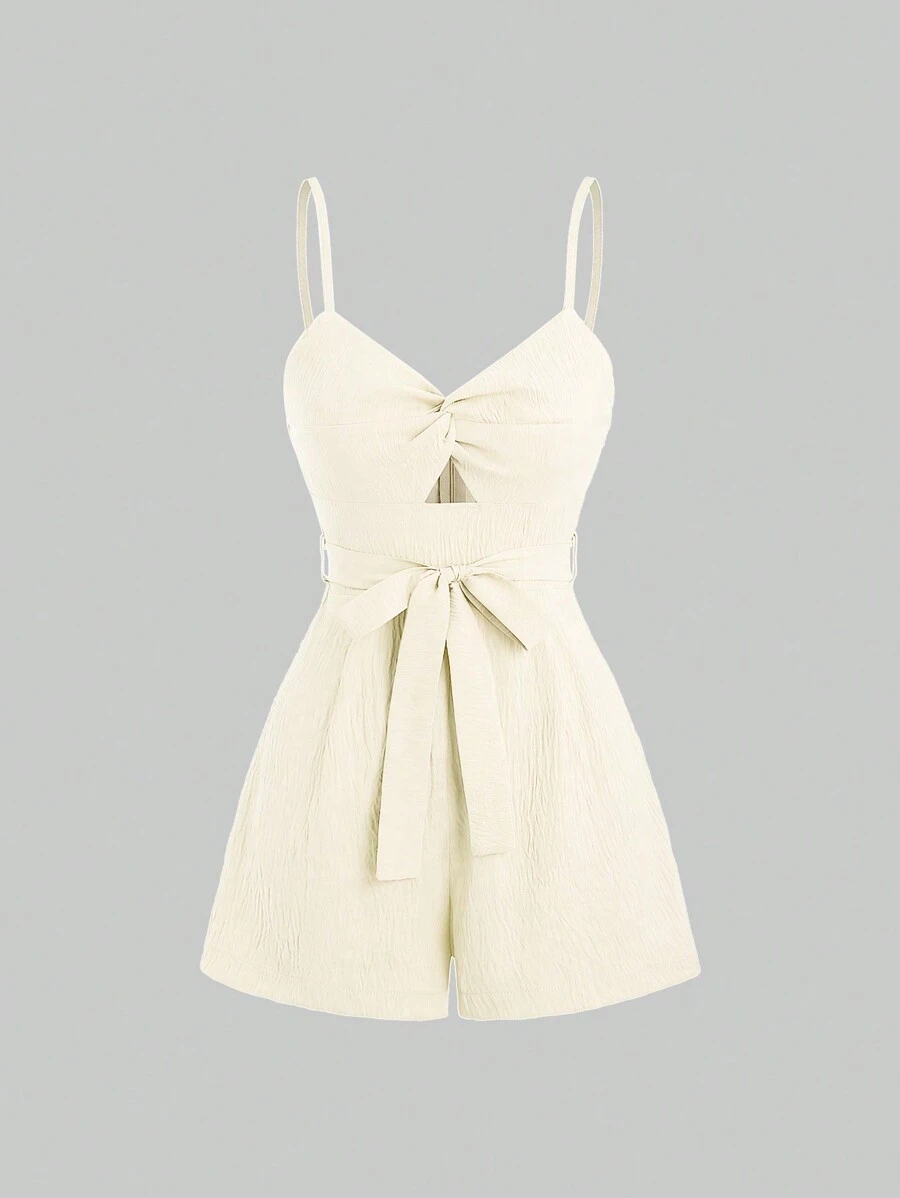 Sweetra 女士纯色前结饰无袖连体衣 - 米色 - 查看 1