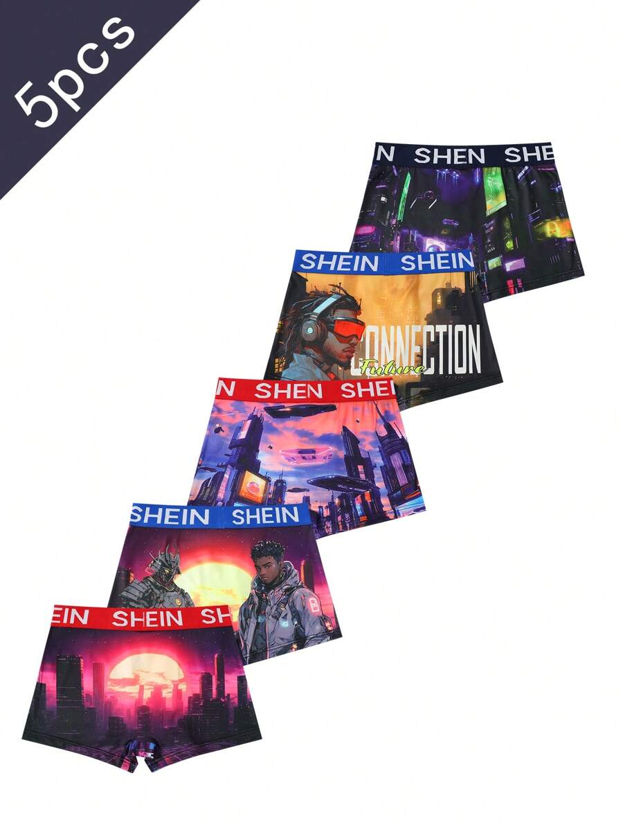 SHEIN 5 stuks verpakking minimalistische boxershorts voor tienerjongens met stadsheldenprint