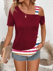 Breezaya Blusa casual de mujer con parches de unicolor y mangas cortas