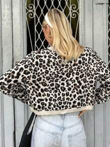 SHEIN EZwear Cárdigan corto de mujer informal con estampado de leopardo y decoración de lazo, para otoño/invierno - Marrón - Ver 2