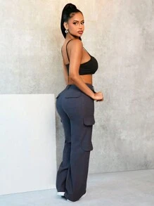 BamGleam Pantalones casuales anchos y sueltos de mujer con diseño de bolsillo de unicolor