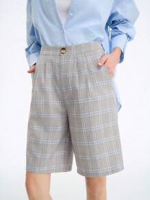 Aalyst Women's Simple Versatile Plaid Random Cut Elegant Commuter Front Waist Pleated Side Slant Pocket Shorts - Multicolor - View 5