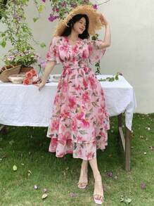 Joudiya Vestido midi floral vintage con cuello en V y mangas con volantes para mujer