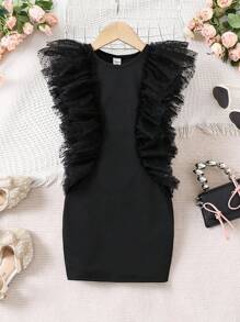 SHEIN Vestido de malla con diseño de pastel de múltiples capas, adorable y fresco, para niñas jóvenes - Negro - Ver 5