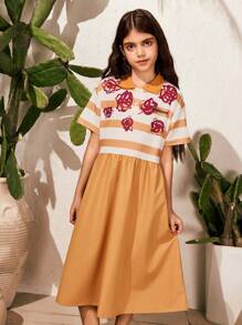 SHEIN Tween-Mädchen 1 Stück Einteiliges Kleid im City-Freizeit-Stil mit Polokragen, kurzen Ärmeln und Rosenstreifenmuster. Dieses Kleid eignet sich für verschiedene Anlässe wie Stadtausflüge, Feiertagstreffen und die Schule. - Verschiedenfarbig - Übersicht 5