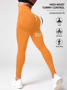 SHEIN Sport Studio Women's High Waist Simple Fitted Seamless High-Elastic Washed Sports Leggings