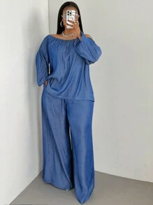 Maweii Women Plus Size Solid Color Off Shoulder Lantern Sleeve Shirt & Wide Leg Pants 2 Pieces Casual Set Fall Cloth For Women