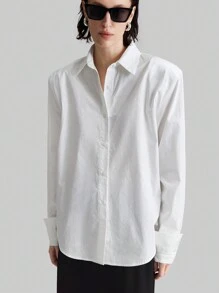 Ontre 都市风格衬衫，白色衬衫长袖领口设计女式衬衫，米色宽肩带袖造型都市现代衬衫 - 白色 - 查看 4