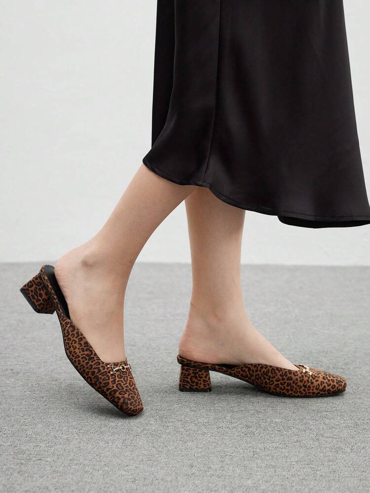 CUCCOO BIZCHIC Women's Square Toe Leopard Print Slip-On Low Heel Casual Mules