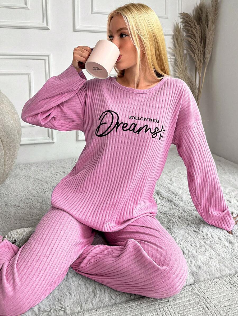 EURMUSE Plus 100%Cotton Letter Graphic Ribbed Knit Lounge Set - Pink - View 1