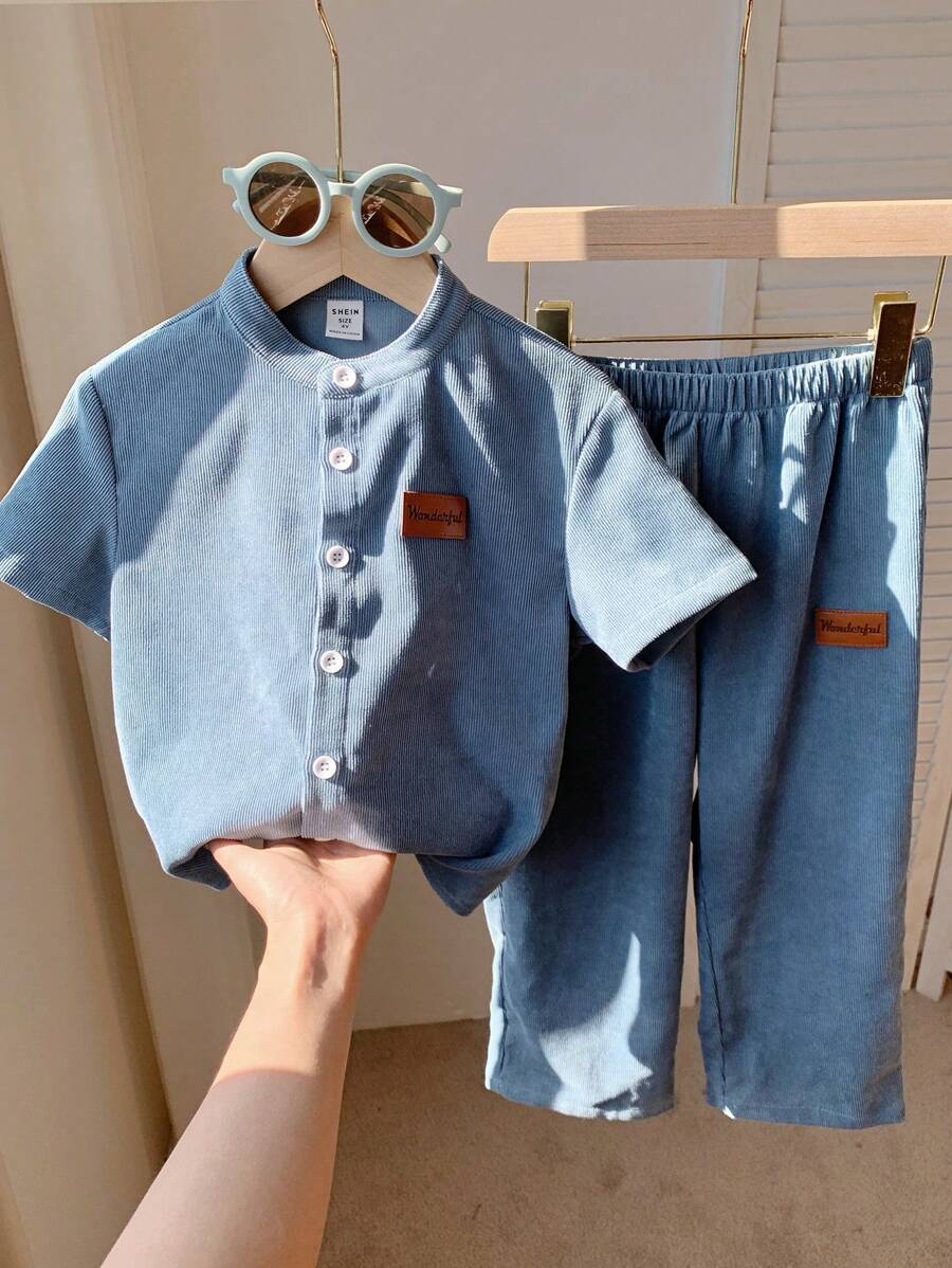 2 Stücke Set Kleine Jungen Lässig Süß Grafik Kurzarm Strickjacke Hemd und Hose Outfit, geeignet für Frühling, Sommer, Herbst, Winter Lässig, Hauskleidung, Schule, Sport - Graublau - Übersicht 1