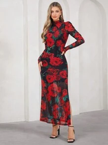 SHEIN Clasi Valentine's Day Spring Of Summer Valentine's Day Elegant Women's Long Sleeved Red Romantic Rose Mesh Sleeve Pleated, Side Slit Waist Cinching Dress, Suitable For Valentine's Day Dressing - Multicolor - View 3