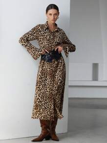 SHEIN Privé Vestido camisa largo de mujer elegante y vintage de gasa con estampado de leopardo, cinturón, diseño sensual semitransparente que realza la cintura, vestido primaveral para el Día de San Valentín