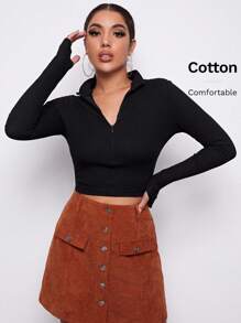 SHEIN EZwear Summer Outfits Zip Front Thumb Hole Crop Tee