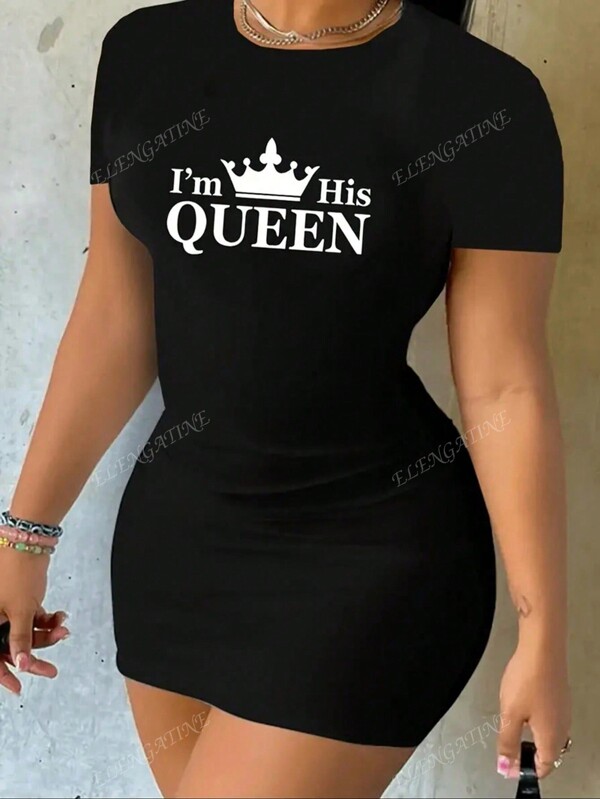 Letter Crown Print Women Casual Daily Wear Dress
