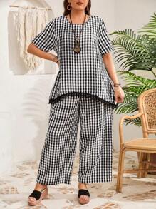 EMERY ROSE 2pcs Plus Size Plaid Short Sleeve Top And Pants Set, Casual And Fashionable For Daily Wear,Vacation Outfits Woman,Vacation Outfits Woman,Summer Clothes