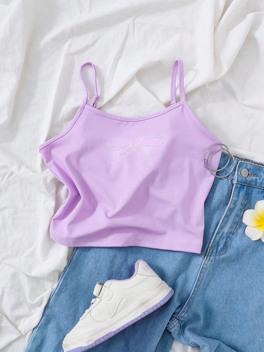 SHEIN Tween Girls' Casual Street Fashion Solid Color Knit Butterfly Rhinestone Decor Cami Top - Mauve Purple - View 1