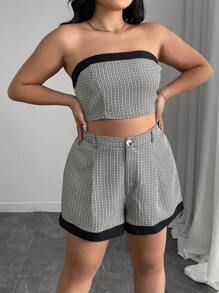 SHEIN LUNE Plus Size Colorblock Black Patchwork Elegant Strapless & Tie Zip A-Line Ruched Shorts, Comfortable For Commuting - Multicolor - View 3