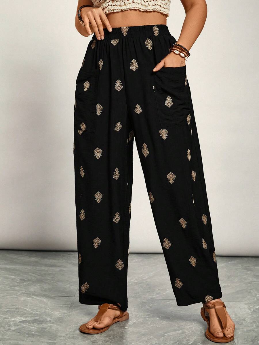 Freevana VCAY 大码女式波西米亚风几何印花口袋宽松阔腿休闲裤夏季春季度假裤 - 黑色 - 查看 1