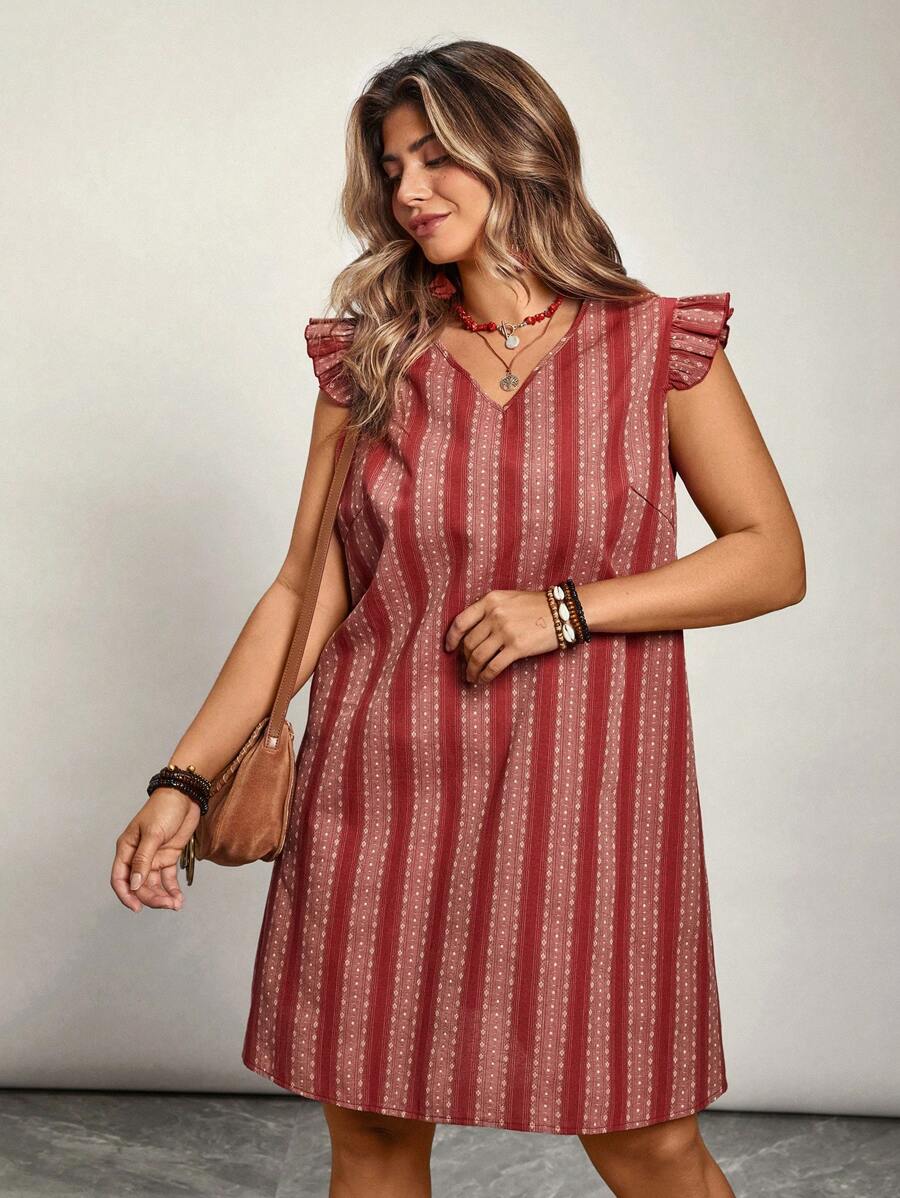 SHEIN VCAY Plus Size Women V-Neck Loose Straight Casual Cap Sleeve Striped Dress - Multicolor - View 1