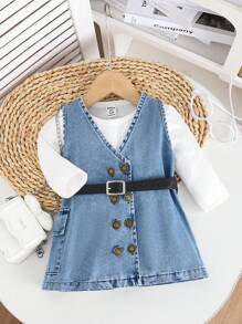 Baby Girl Casual Minimalist Cute White Ribbed Top With Denim Overall Dress 2 Pieces Set, Spring/Autumn