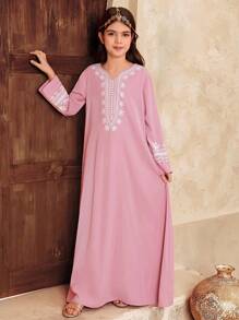 SHEIN Tween Girl Loose Casual V-Neck Long Sleeve Embroidery Dress