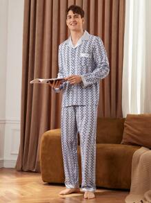 2 Stücke Herren geometrisches Muster Langarm Einzelknopf-Top und Hose Loungewear Set