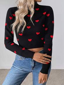 SHEIN LUNE Jersey corto de mujer con cuello alto, manga larga y patrón de corazones, para otoño/invierno