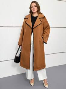 INAWLY Nouvelle veste élégante et décontractée à double face pour l'automne/hiver, manteau long de grande taille pour femmes de couleur chameau avec manches longues, col à volants et bordures contrastées - Camel - Voir 3