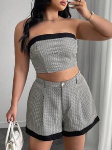 SHEIN LUNE Plus Size Colorblock Black Patchwork Elegant Strapless & Tie Zip A-Line Ruched Shorts, Comfortable For Commuting - Multicolor - View 4