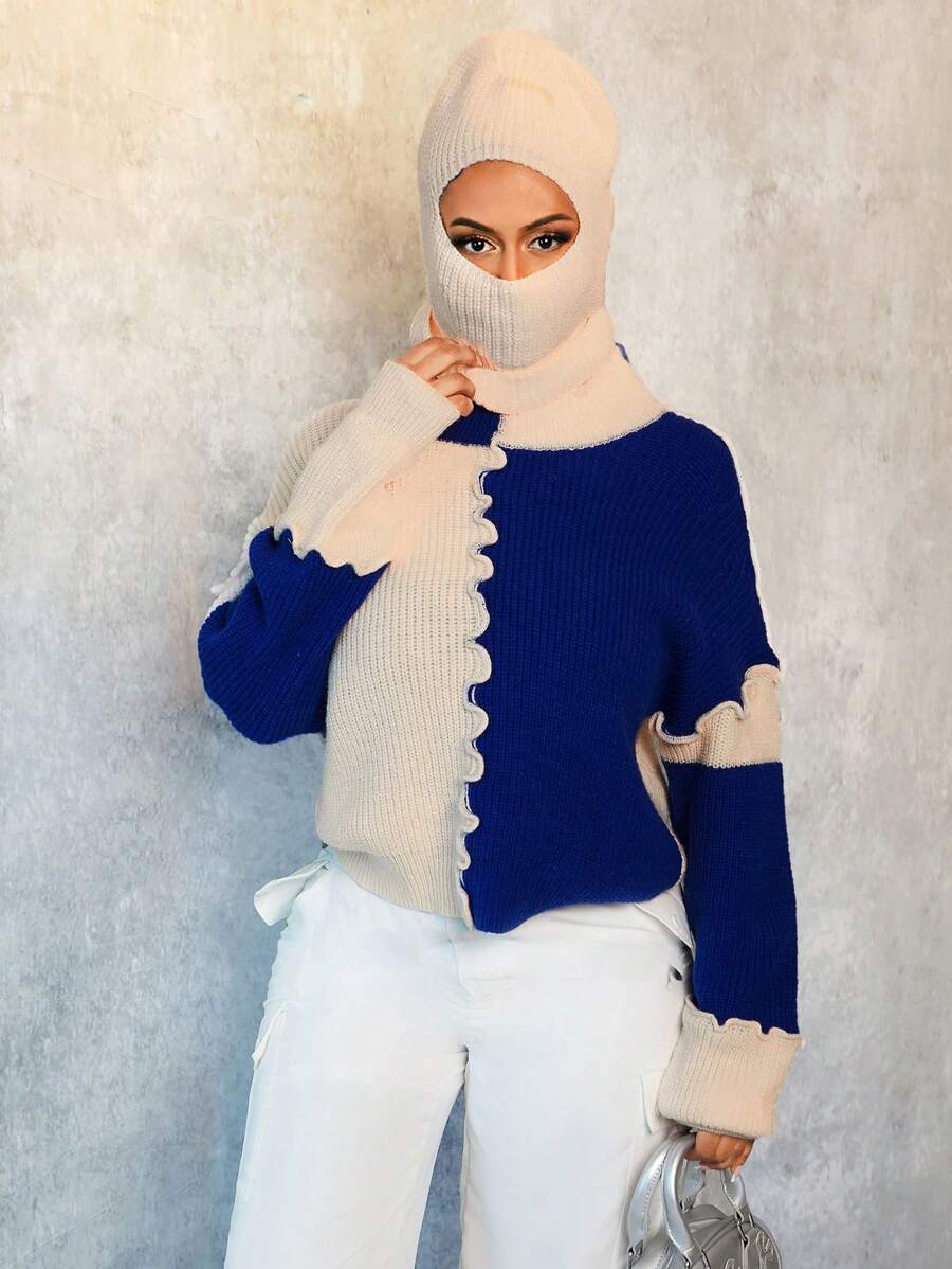 BamGleam Women's Long Sleeve Turtleneck Patchwork Sweater And Mask Hat Set Knit Pullover Fall Winter - Multicolor - View 1