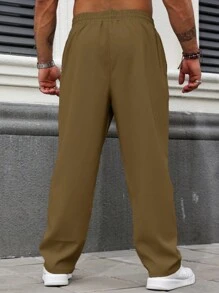 Manfinity Homme Plus Size Men's Solid Color Drawstring Waist Pocket Casual Loose Pants - Brown - View 2