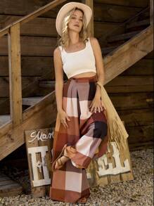 LanaWest Women's Plaid Wide-Leg Country Casual Everyday Pants