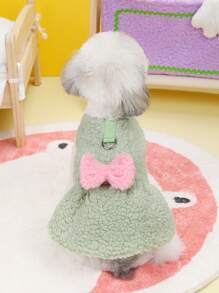 PETSIN 粉色蝴蝶结蓬松宠物连衣裙，可爱又温暖，秋冬款，带牵引绳 - 綠色 - 查看 3