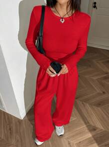 SHEIN EZwear 2 Stück Damen Set aus einfarbigem Crew-Neck Langarm Oberteil und Hose, figurbetonter Schnitt