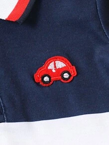 SHEIN Bộ 2 món cho bé trai: Áo thun polo thêu họa tiết ô tô hoạt hình và quần short lưng thun co giãn màu trơn, trang phục thường ngày cho mùa xuân/hè - Nhiều màu - Xem 5