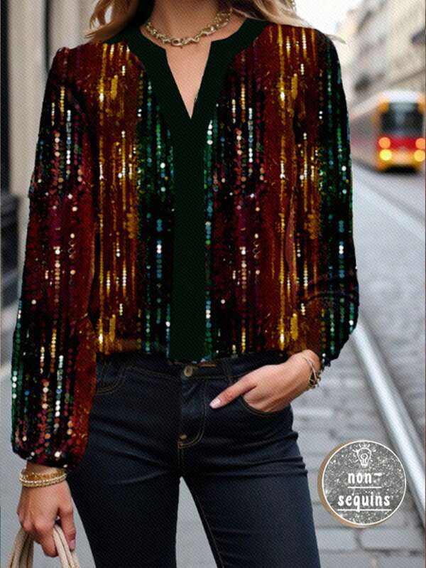 Glamance Warp Atelie Blusas de mujer de tallas grandes multicolor con mangas extra largas, escote entallado y estampado todo sobre fondo liso - Conjuntos de verano informales para mujer, tops de verano para salir