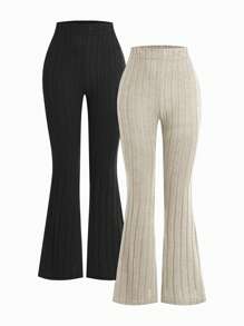2pcs/Set Teen Girl Ribbed Knit Flare Pants, Black & Gray, Autumn/Winter - Multicolor - View 1