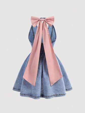 SHEIN Girlism Tween Girls Y2K Fashion Color Blocking Sweet Bowknot Denim Princess Dress With Halter Neck, Girls Spring/Summer Clothes Rave Outfits Festival Spring Break Outfit