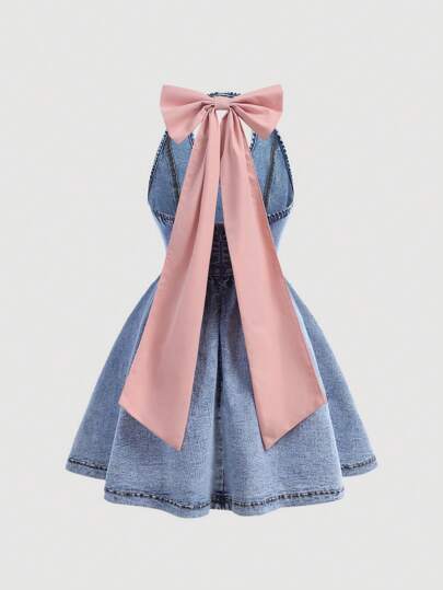 SHEIN Girlism Tween Girls Y2K Fashion Color Blocking Sweet Bowknot Denim Princess Dress With Halter Neck, Girls Spring/Summer Clothes Rave Outfits Festival Spring Break Outfit