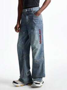 NEON BLANC 男士街头风喇叭编织长牛仔裤 - 藍色 - 查看 4