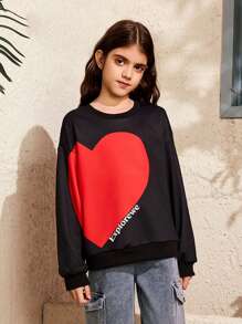 SHEIN 1 Stück Mädchen Rundhals Farbblock Lässig Pullover mit großem Herz, passend für jede Gelegenheit und das Valentinstag-Thema.