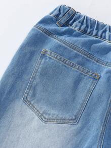 SHEIN Tween Girls Heart Print Washed Blue Straight Leg Jeans - Light Wash - View 6