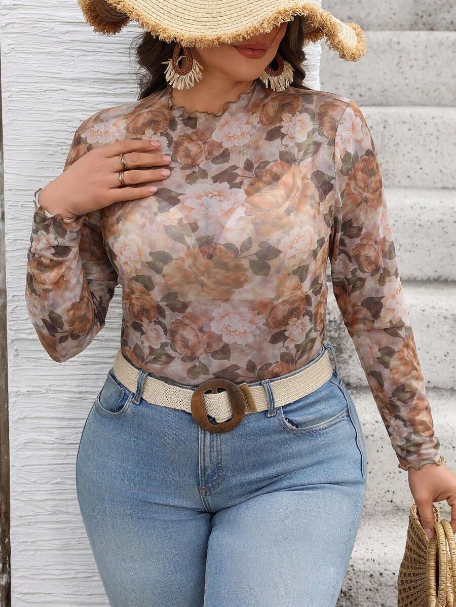 SHEIN VCAY Plus Size Women Floral Print Fitted Top Fall - Multicolor - View 1